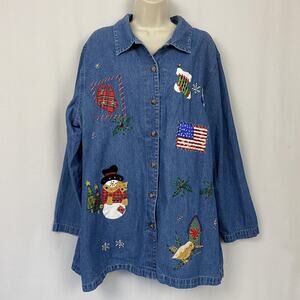 Vintage Christmas Denim Shacket Womens 1X Embroidered Americana Button Up Top